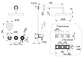 Смеситель встроенный Boheme + верхний+ ручной душ, ETERNA MATT GOLD матовое золото