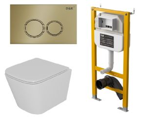 Комплект DQ Унитаз подвесной  безободковый DT1436016, Инсталляция DI8050127, Клавиша смыва DB1529007 матовое золото (DS1431630)