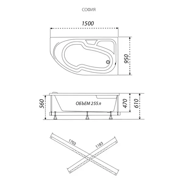 Акриловая ванна Triton София Щ0000067489 правая 150x95 см на Х-каркасе белый