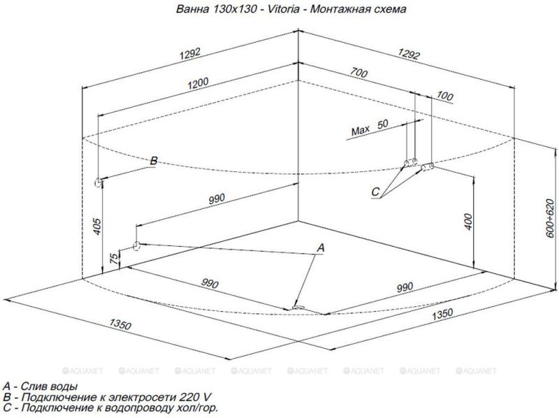Акриловая ванна Aquanet Vitoria 205371 130 см с каркасом
