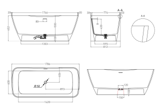 Ванна из искусственного камня Salini Agatha S-Stone 100221MRH 180x80см RAL снаружи