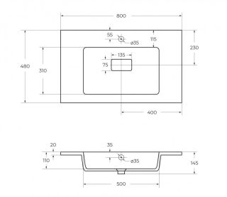 Раковина из искусственного мрамора 80 см CEZARES CZR-800/480-LV-MR-PRS белый