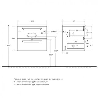 База под раковину Cezares подвесная с двумя выкатными ящиками, Bianco Lucido, 600x457x500, ECO-CER-N-600-2C-SO-BL