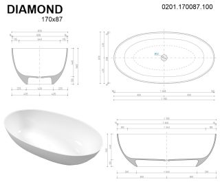 Ванна из искусственного камня Whitecross Diamond 0201.170087.100 170x87см белый глянец