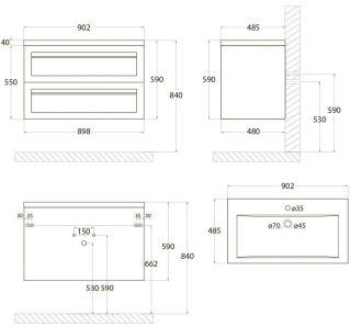 Подвесная тумба под раковину Art&Max Platino 90см чёрный матовый AM-Platino-900-2C-SO-NM