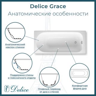 Ванна чугунная Delice Grace DLR230643R-AS 170х70 с отверстиями под ручки и антискользящим покрытием