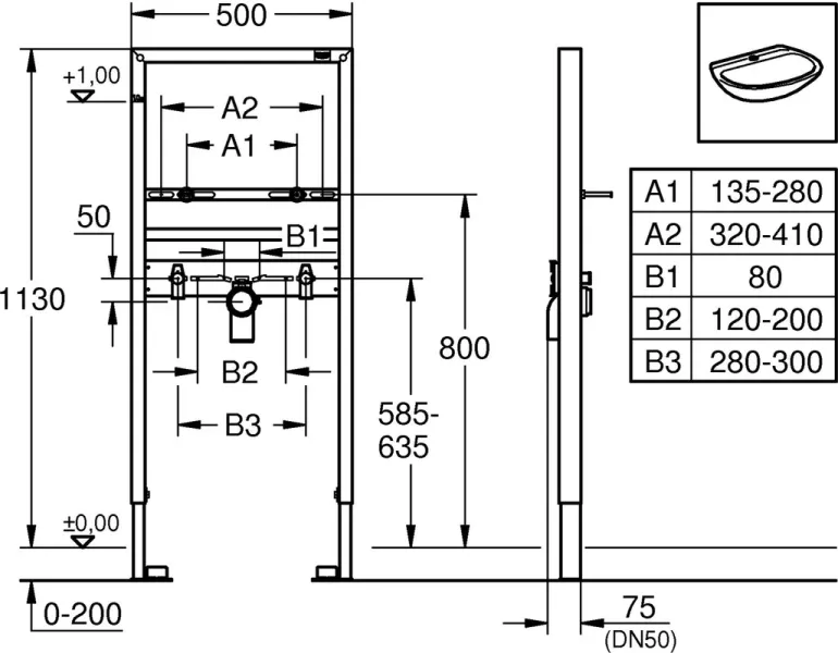 Инсталляция для раковины Grohe Rapid SL 38554001 крепление к полу и стене