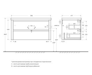 База под раковину Cezares подвесная с двумя выкатными ящиками, Оружейная сталь, 996x478x500, RELAX-1000-2C-SO-GM