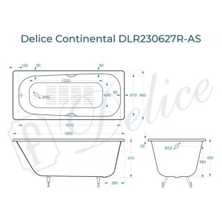Ванна чугунная Delice Continental DLR230627R-AS 180х80 с отверстиями под ручки и антискользящим покрытием