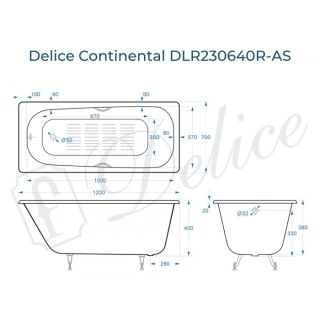 Ванна чугунная Delice Continental DLR230640R-AS 120х70 с отверстиями под ручки и антискользящим покрытием