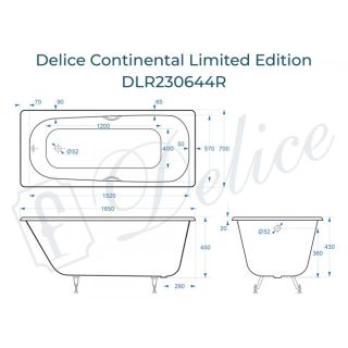 Ванна чугунная Delice Continental Limited Edition DLR230644R-AS 165х70 с отверстиями под ручки и антискользящим покрытием