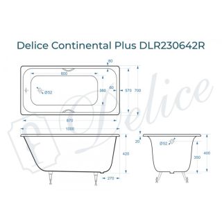 Ванна чугунная Delice Continental PLUS 100х70 с отверстиями под ручки