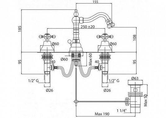 Смеситель для биде на три отверстия, хром Cezares LORD-BBS2-01